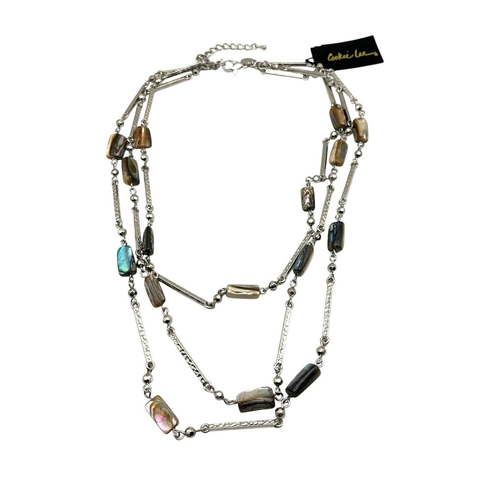 Abalone 3-Strand Layered Necklace Silver Tone Boho Mermaidcore Earthy Beachy VTG